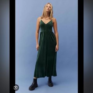Urban Outfitters Cross Back Emerald Green Velvety Jumpsuit